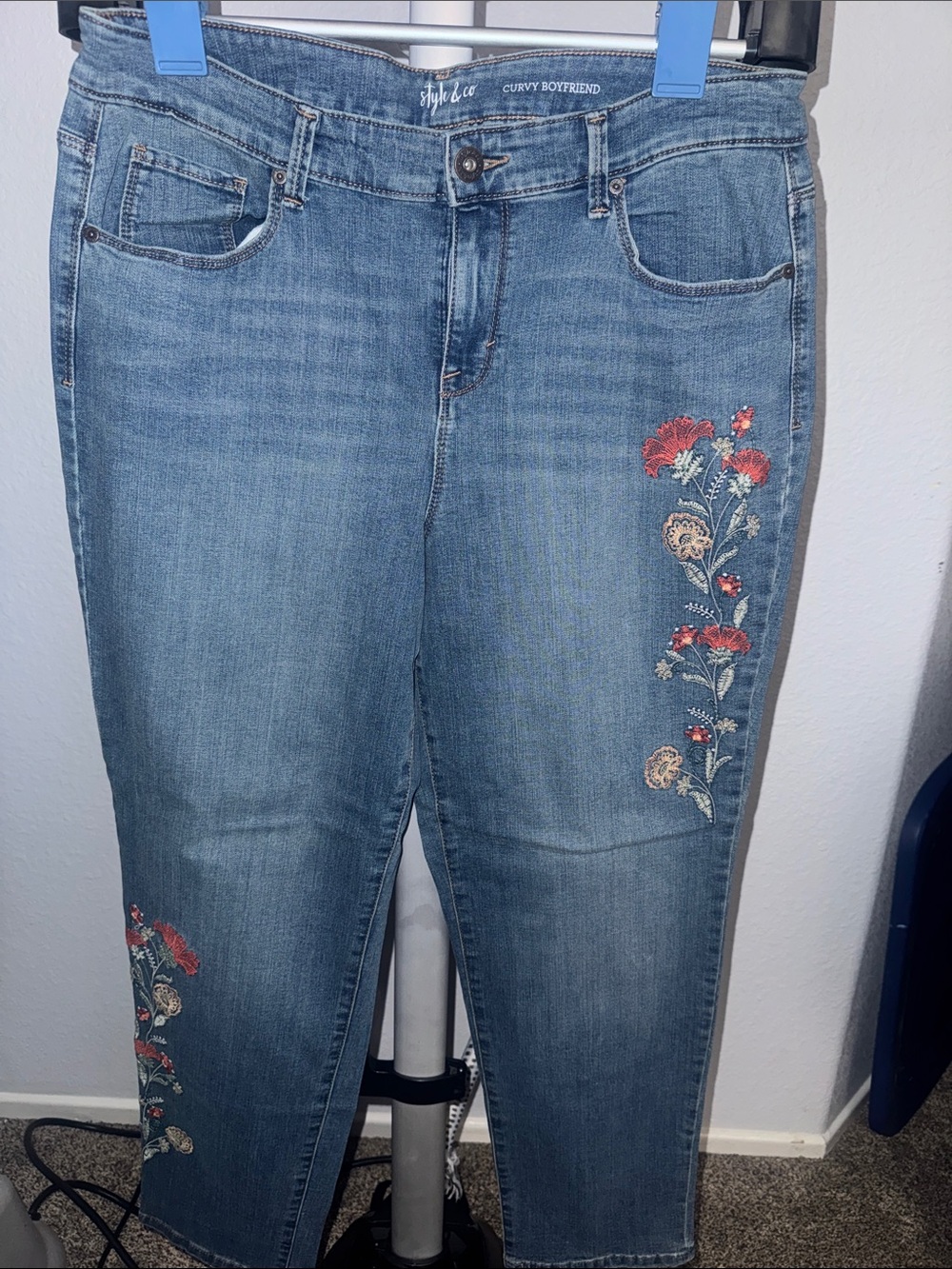 Style & Co. Medium Blue Boyfriend Jeans with Red Floral Embroidery
